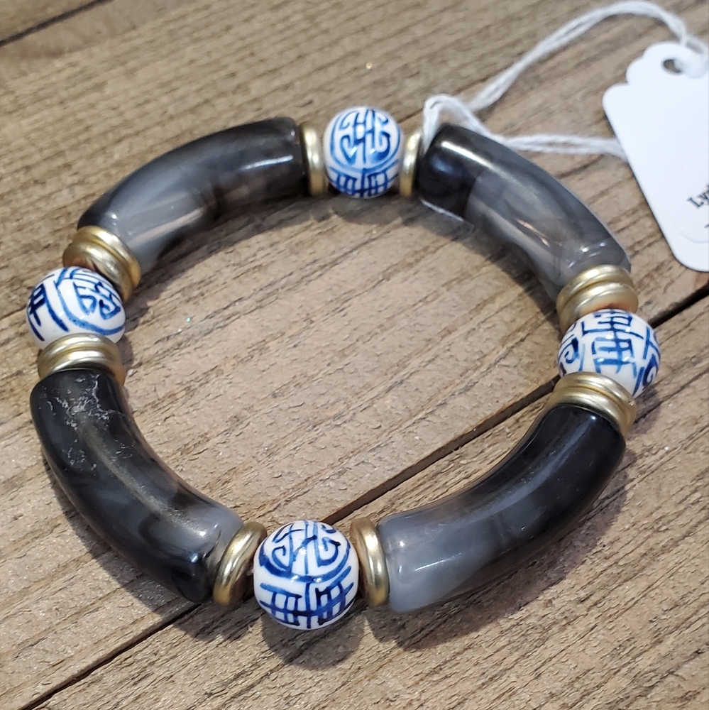 Accent Blue/White/Gold/Gray Bone Porcelain Beaded Bracelet